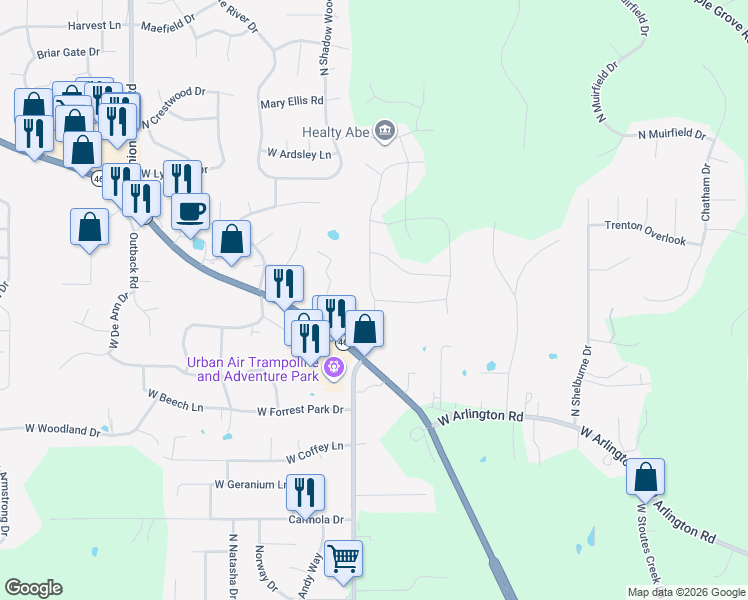 map of restaurants, bars, coffee shops, grocery stores, and more near 4337 Centennial Drive in Bloomington