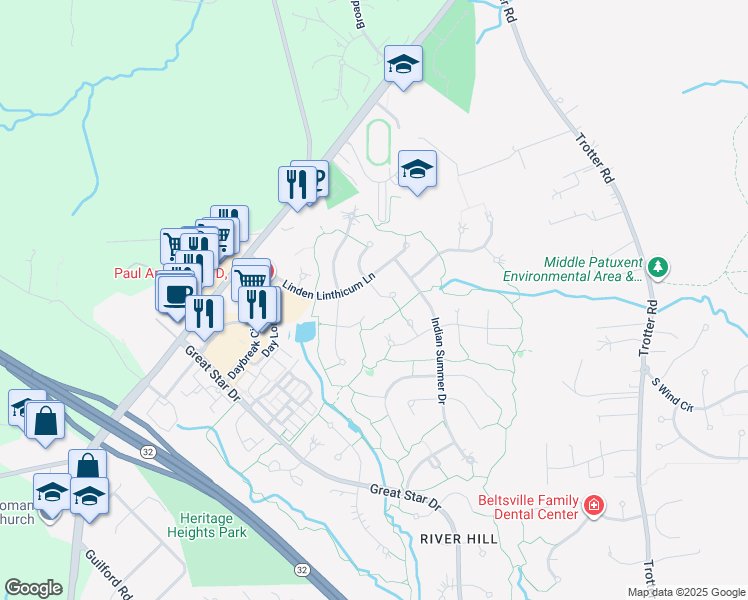 map of restaurants, bars, coffee shops, grocery stores, and more near 5812 White Pebble Path in Clarksville