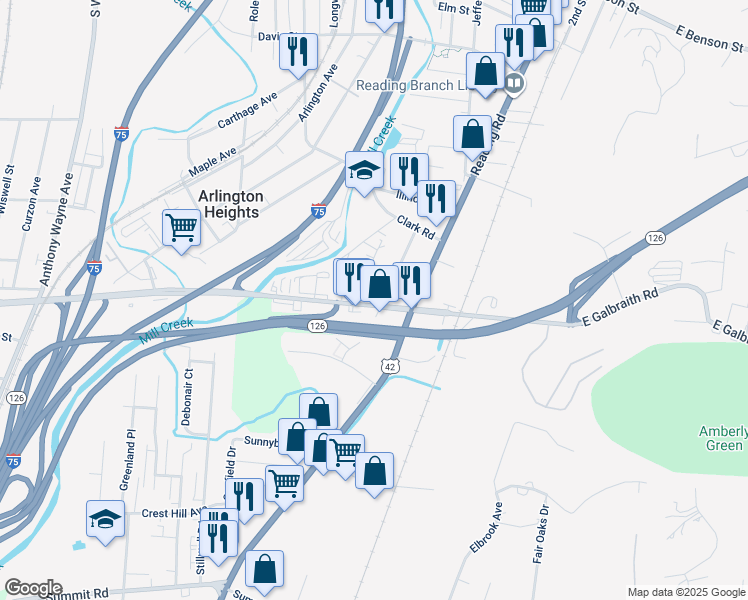 map of restaurants, bars, coffee shops, grocery stores, and more near 1886 East Galbraith Road in Cincinnati