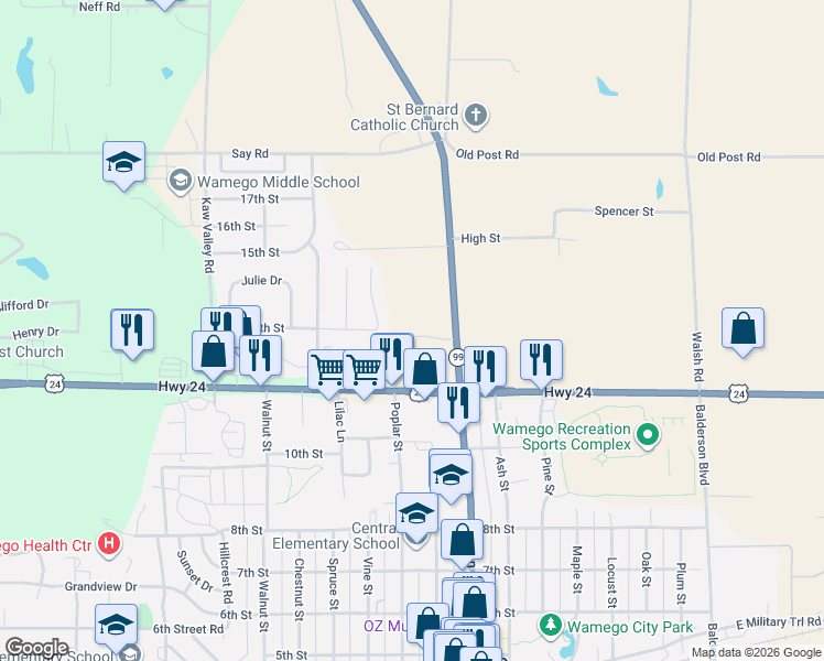 map of restaurants, bars, coffee shops, grocery stores, and more near 819 14th Street in Wamego
