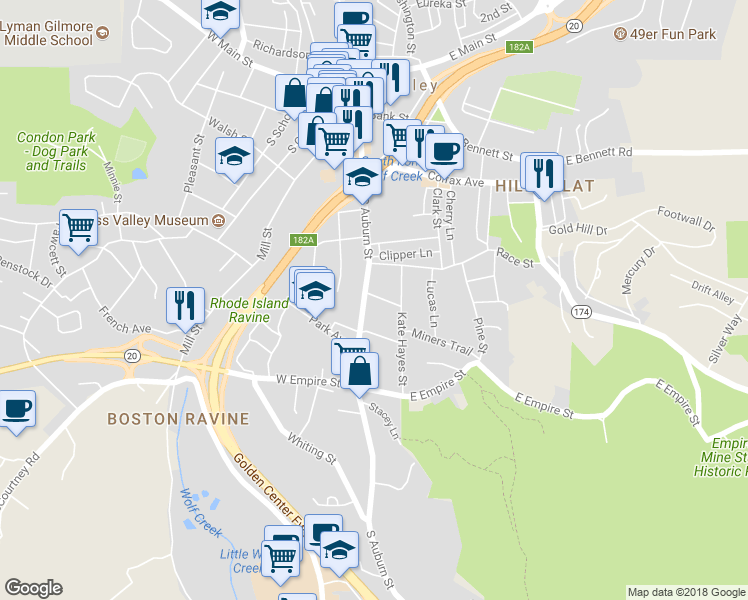 map of restaurants, bars, coffee shops, grocery stores, and more near 105 Berryman Street in Grass Valley