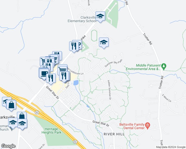 map of restaurants, bars, coffee shops, grocery stores, and more near 5812 White Pebble Path in Clarksville
