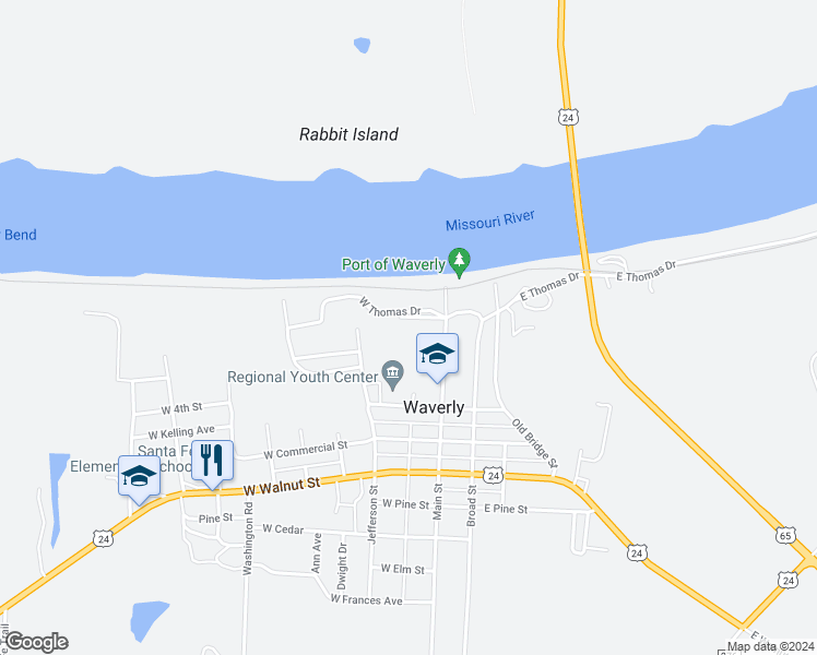 map of restaurants, bars, coffee shops, grocery stores, and more near 100 West Thomas Drive in Waverly