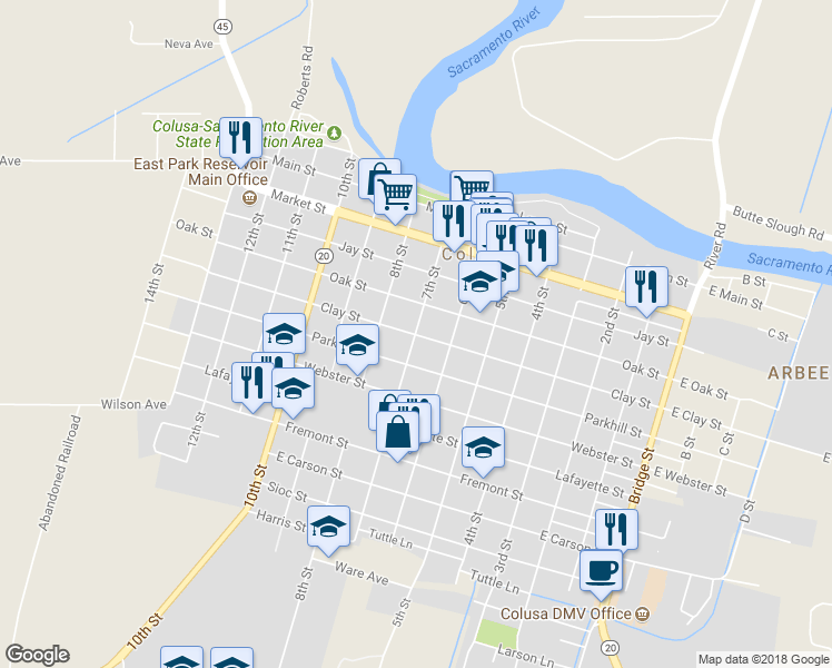 map of restaurants, bars, coffee shops, grocery stores, and more near 698 Clay Street in Colusa