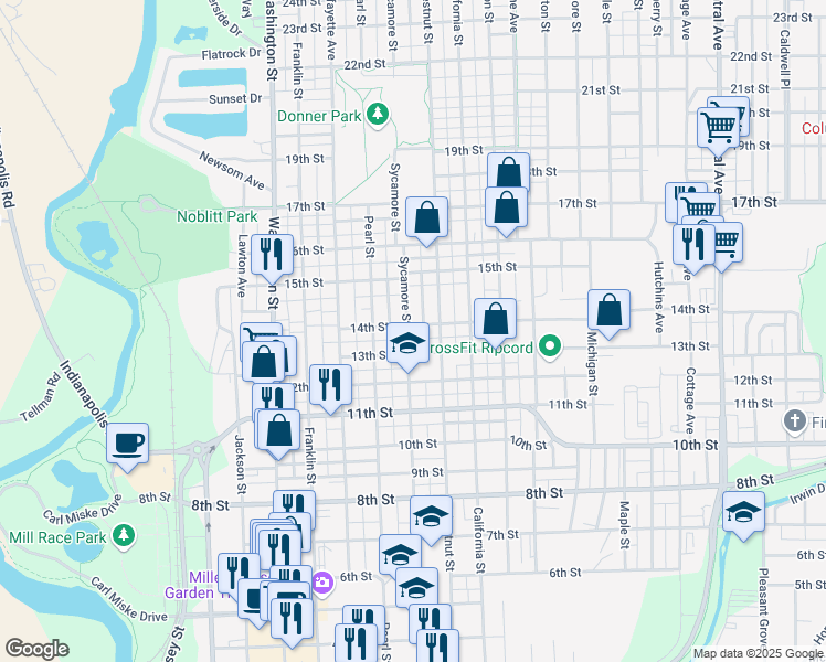 map of restaurants, bars, coffee shops, grocery stores, and more near 1327 Sycamore Street in Columbus