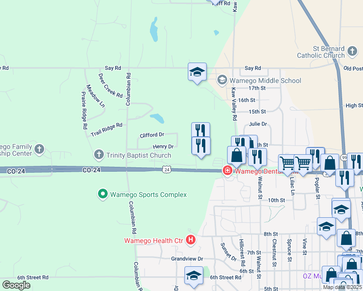 map of restaurants, bars, coffee shops, grocery stores, and more near 2005 Henry Drive in Wamego
