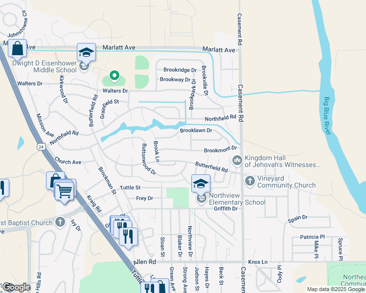 map of restaurants, bars, coffee shops, grocery stores, and more near 411 Brookmont Drive in Manhattan