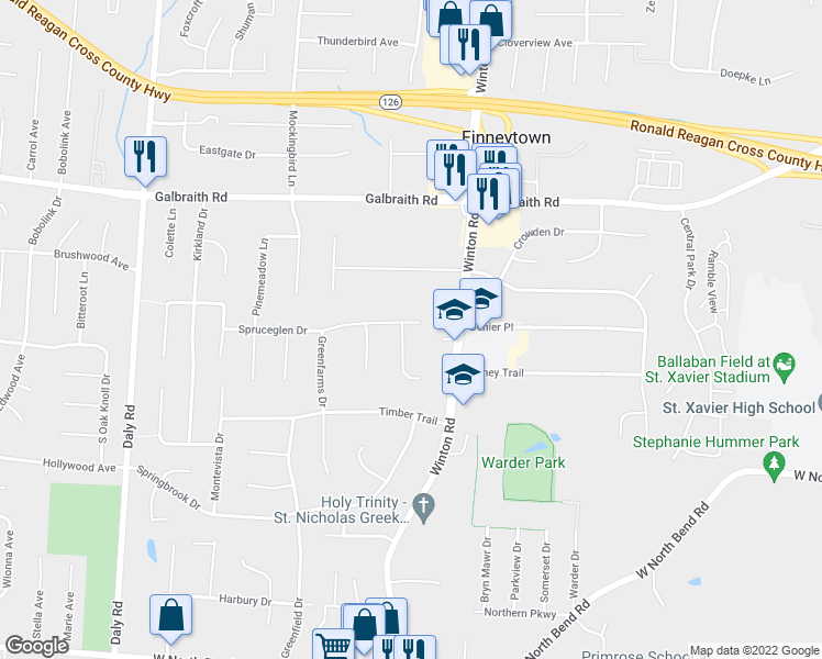 map of restaurants, bars, coffee shops, grocery stores, and more near 952 Finney Trail in Cincinnati