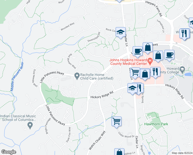 map of restaurants, bars, coffee shops, grocery stores, and more near 11348 Little Patuxent Parkway in Columbia