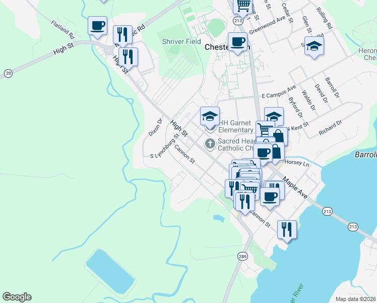 map of restaurants, bars, coffee shops, grocery stores, and more near 111 South College Avenue in Chestertown