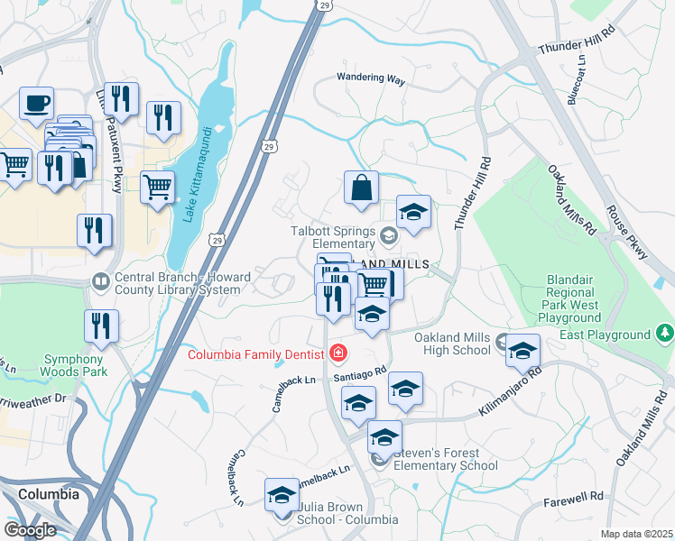 map of restaurants, bars, coffee shops, grocery stores, and more near 9650 White Acre Road in Columbia