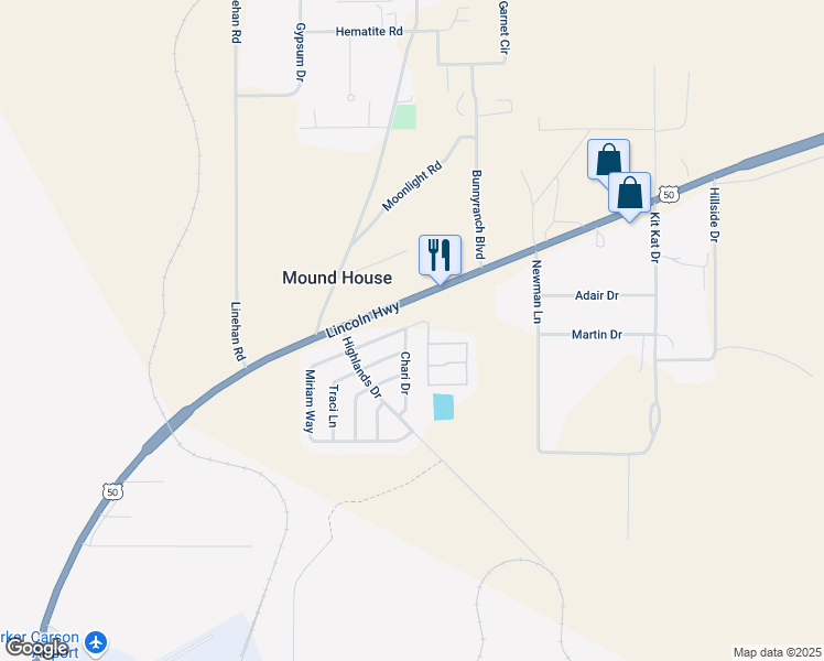 map of restaurants, bars, coffee shops, grocery stores, and more near 760 Chari Drive in Mound House