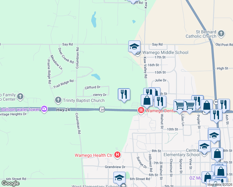 map of restaurants, bars, coffee shops, grocery stores, and more near 1912 Henry Drive in Wamego