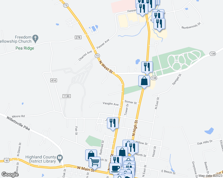 map of restaurants, bars, coffee shops, grocery stores, and more near 737 North West Street in Hillsboro