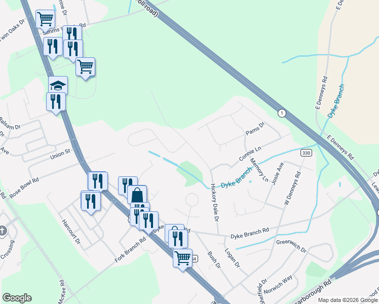 map of restaurants, bars, coffee shops, grocery stores, and more near 188 Hickory Dale Drive in Dover