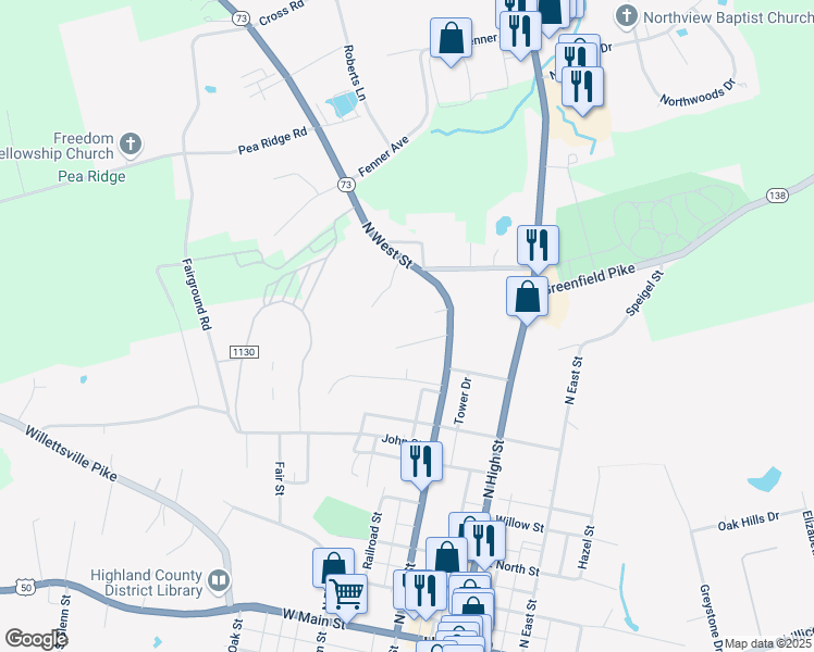 map of restaurants, bars, coffee shops, grocery stores, and more near 737 North West Street in Hillsboro