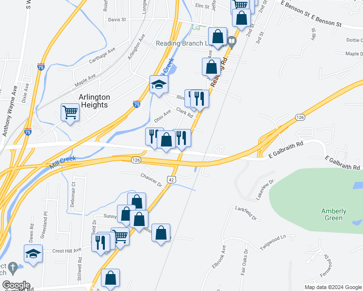 map of restaurants, bars, coffee shops, grocery stores, and more near 1950 East Galbraith Road in Cincinnati