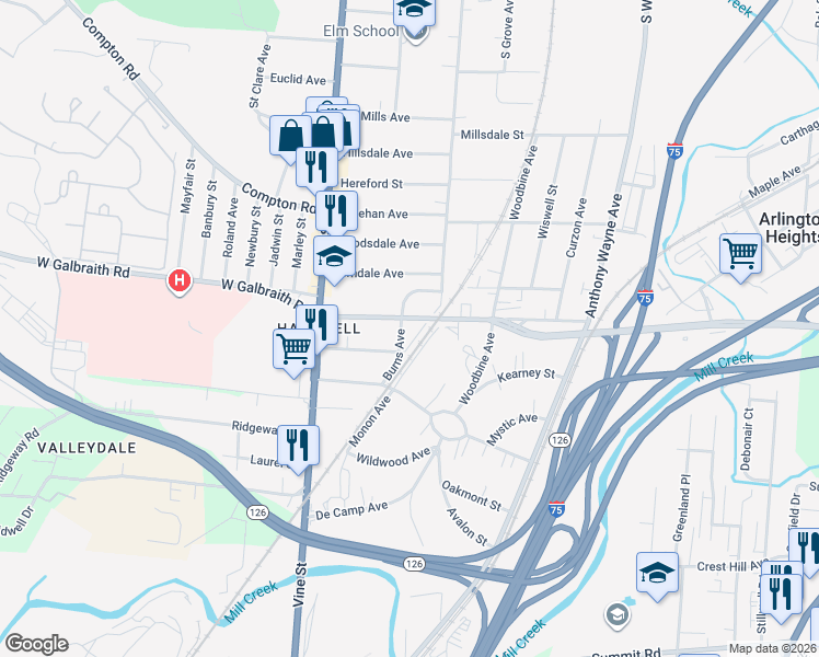 map of restaurants, bars, coffee shops, grocery stores, and more near 66 Glendale Street in Cincinnati
