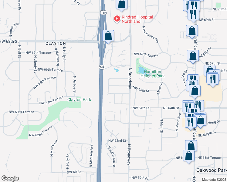 map of restaurants, bars, coffee shops, grocery stores, and more near 611 Northwest 65th Street in Kansas City