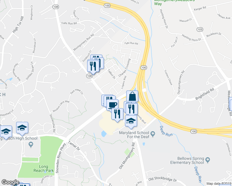 map of restaurants, bars, coffee shops, grocery stores, and more near 5803 Lois Lane in Ellicott City