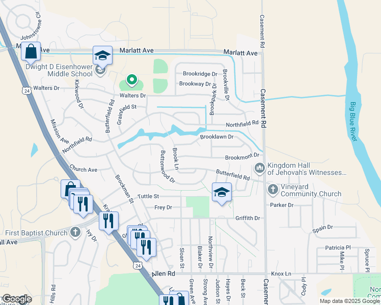 map of restaurants, bars, coffee shops, grocery stores, and more near 509 Brookmont Drive in Manhattan