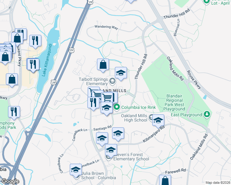 map of restaurants, bars, coffee shops, grocery stores, and more near 9629 Whiteacre Road in Columbia