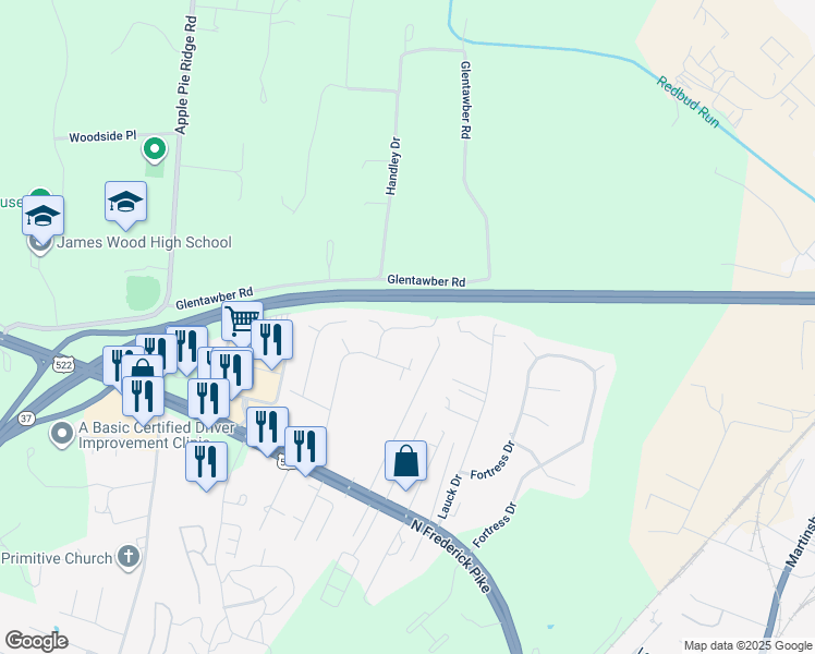 map of restaurants, bars, coffee shops, grocery stores, and more near 1420 Williams Circle in Winchester