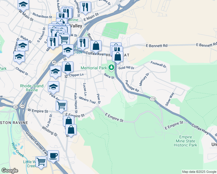 map of restaurants, bars, coffee shops, grocery stores, and more near 216 Fiddick Lane in Grass Valley