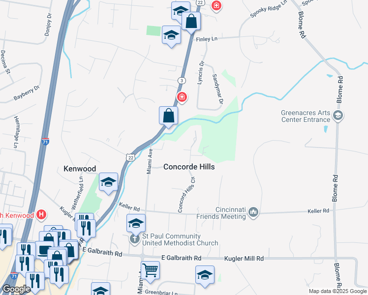 map of restaurants, bars, coffee shops, grocery stores, and more near 7820 Concord Hills Lane in Cincinnati