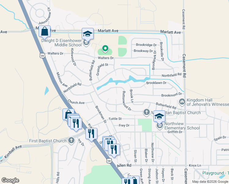 map of restaurants, bars, coffee shops, grocery stores, and more near 2609 Blueline Circle in Manhattan