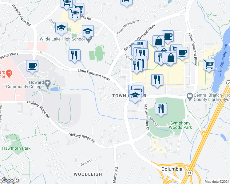 map of restaurants, bars, coffee shops, grocery stores, and more near 5822 Wyndham Circle in Columbia