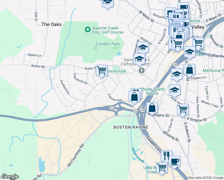 map of restaurants, bars, coffee shops, grocery stores, and more near 544 Jenkins Street in Grass Valley