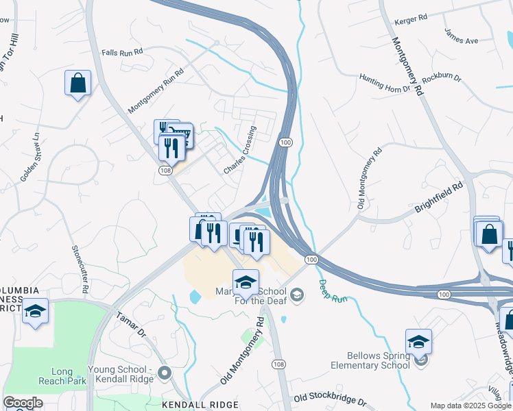 map of restaurants, bars, coffee shops, grocery stores, and more near Snowden River Parkway in Ellicott City