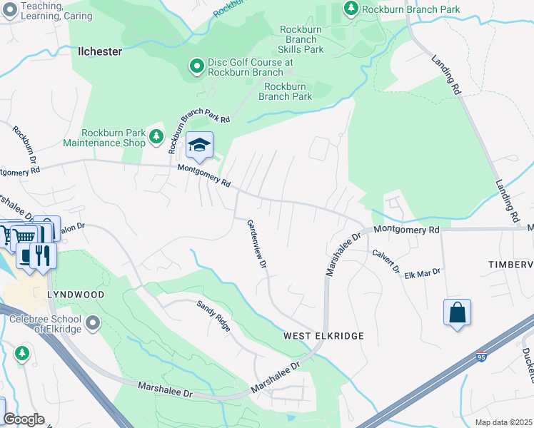map of restaurants, bars, coffee shops, grocery stores, and more near 6278 Montgomery Road in Elkridge