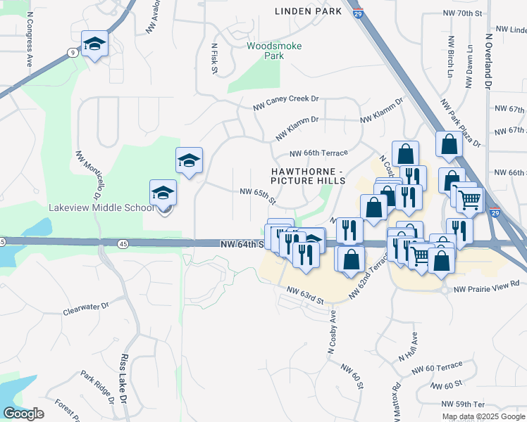 map of restaurants, bars, coffee shops, grocery stores, and more near 6405 Northwest Mokane Court in Kansas City