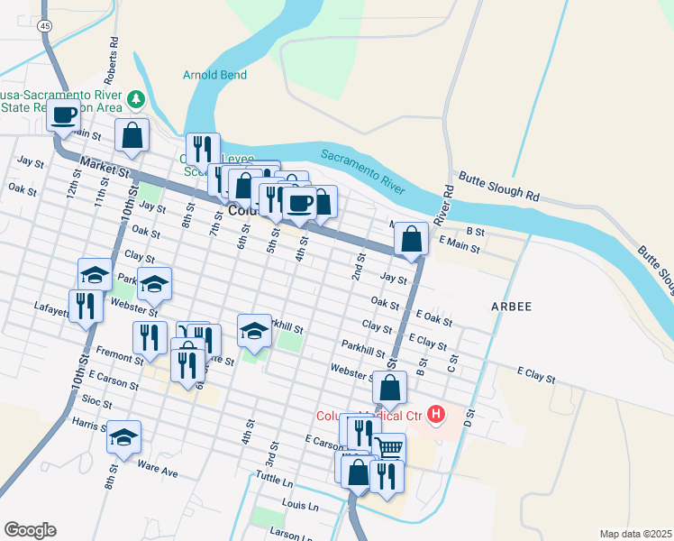 map of restaurants, bars, coffee shops, grocery stores, and more near 240 Oak Street in Colusa