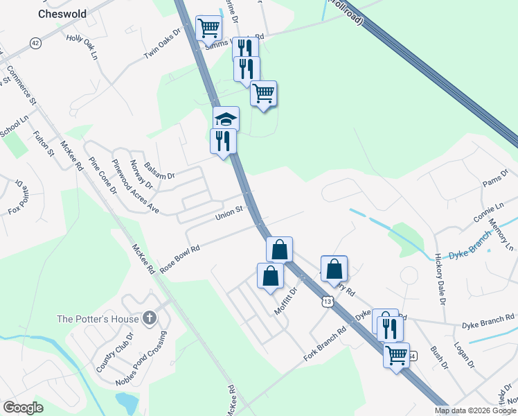 map of restaurants, bars, coffee shops, grocery stores, and more near 4585 North Dupont Highway in Dover