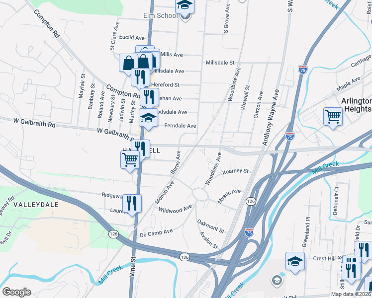 map of restaurants, bars, coffee shops, grocery stores, and more near 66 Glendale Street in Cincinnati
