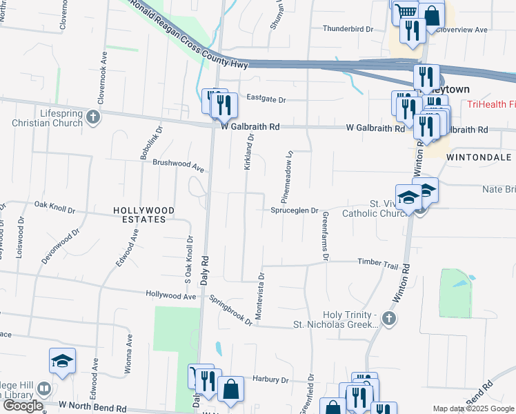 map of restaurants, bars, coffee shops, grocery stores, and more near 6642 Plantation Way in Cincinnati