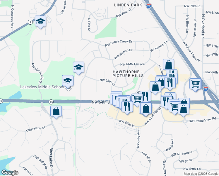 map of restaurants, bars, coffee shops, grocery stores, and more near 6405 Northwest Mokane Court in Kansas City