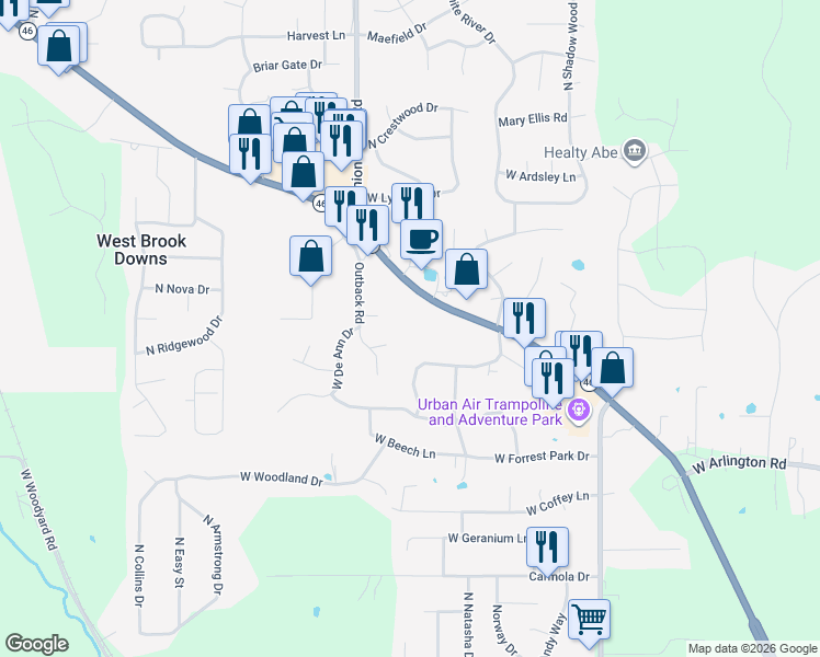 map of restaurants, bars, coffee shops, grocery stores, and more near 4299 West Buick Drive in Bloomington