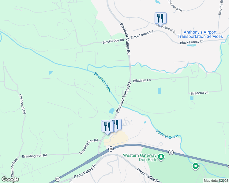 map of restaurants, bars, coffee shops, grocery stores, and more near 10484 Pleasant Valley Road in Penn Valley