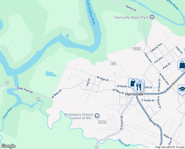 map of restaurants, bars, coffee shops, grocery stores, and more near 201-215 Memorial St in Harrisville