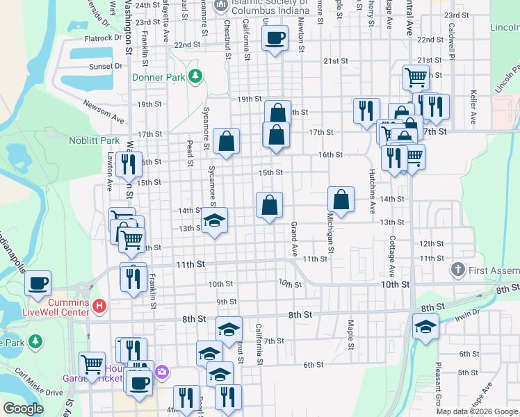 map of restaurants, bars, coffee shops, grocery stores, and more near 1302 California Street in Columbus