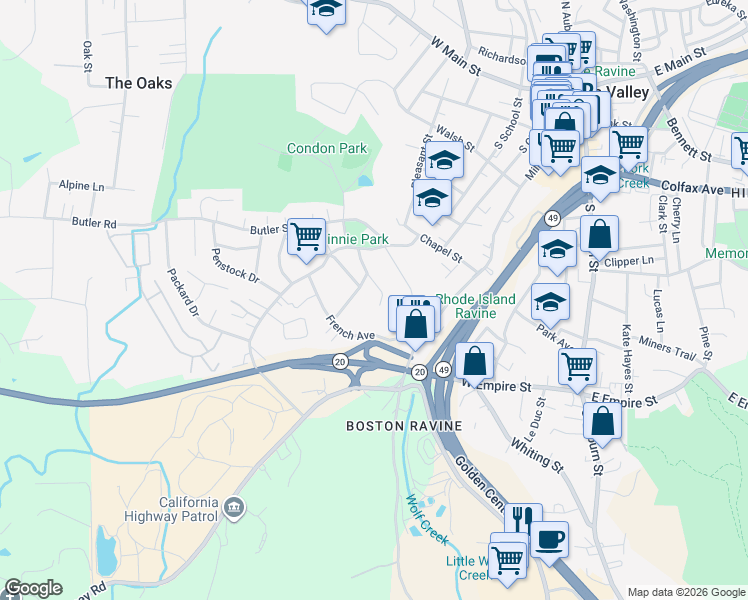 map of restaurants, bars, coffee shops, grocery stores, and more near 245 Cornwall Avenue in Grass Valley