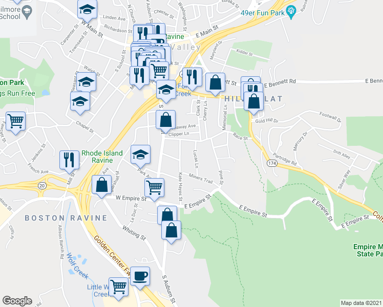 map of restaurants, bars, coffee shops, grocery stores, and more near 159 Lucas Lane in Grass Valley