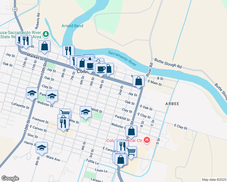 map of restaurants, bars, coffee shops, grocery stores, and more near 249 Jay Street in Colusa