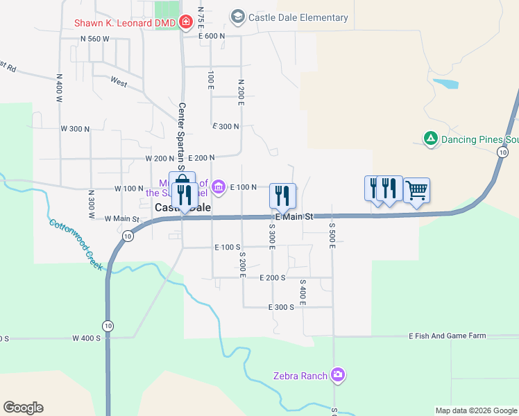 map of restaurants, bars, coffee shops, grocery stores, and more near 215 East Main Street in Castle Dale