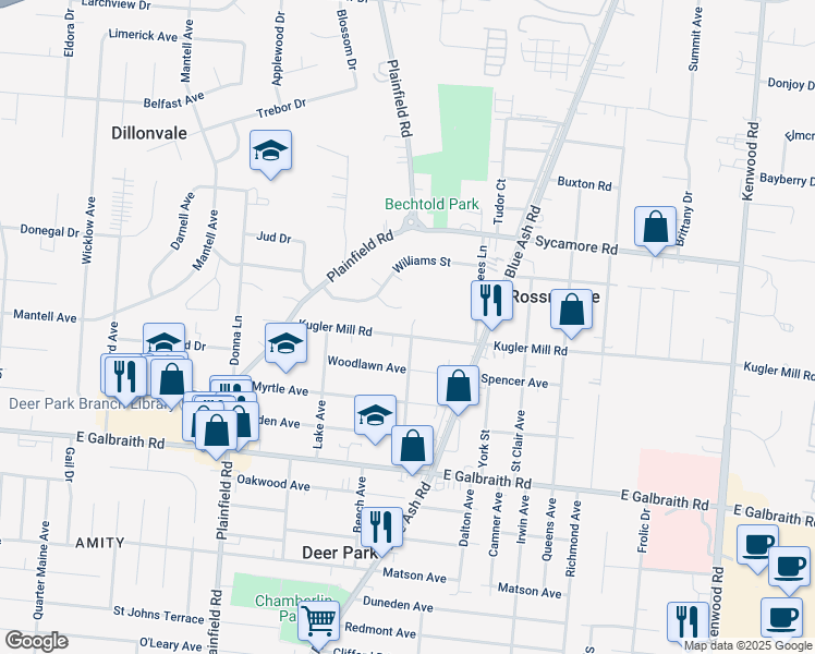 map of restaurants, bars, coffee shops, grocery stores, and more near 8418 Beech Avenue in Cincinnati