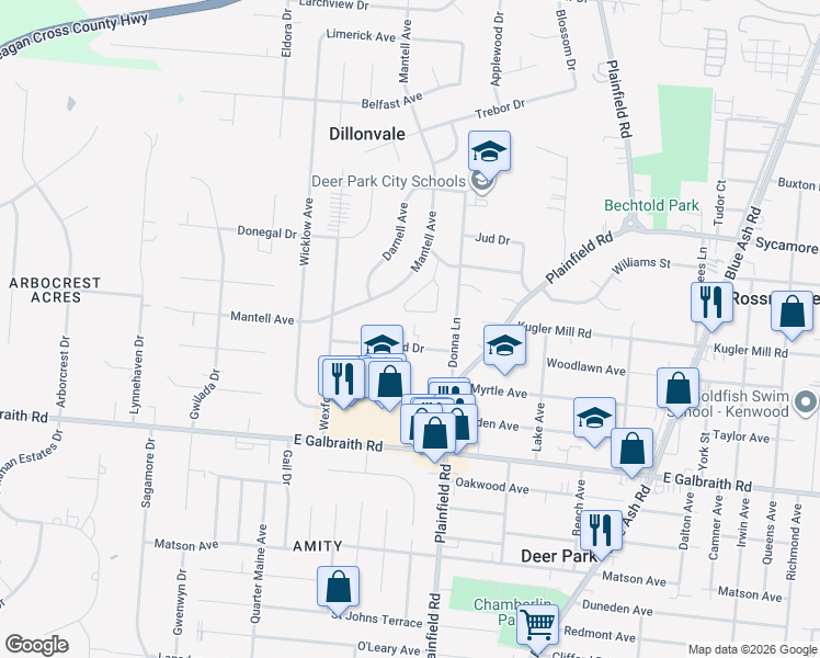 map of restaurants, bars, coffee shops, grocery stores, and more near 8399 Plainfield Road in Cincinnati